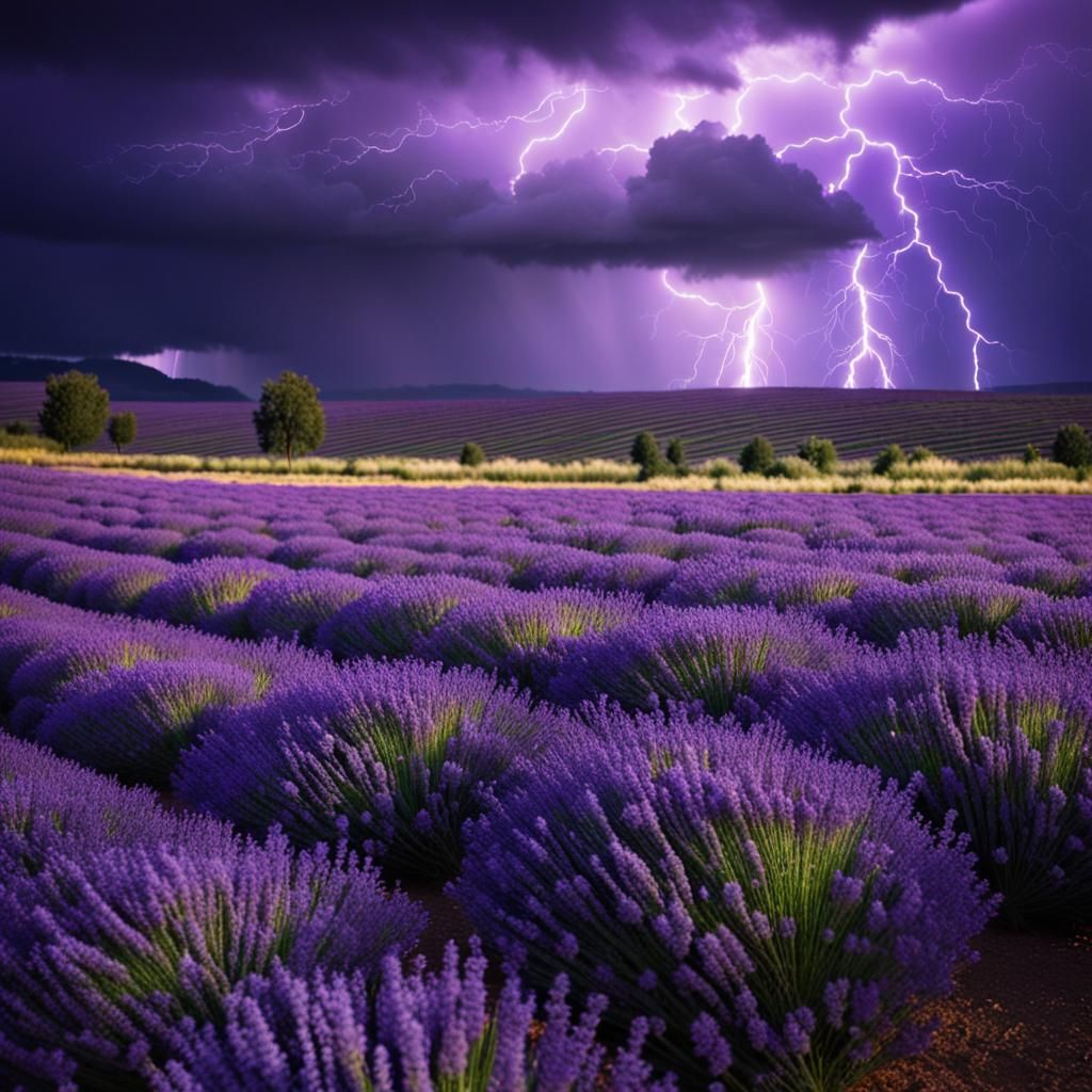 Lavender Field Lightning Storm: Hyperrealistic Photography
