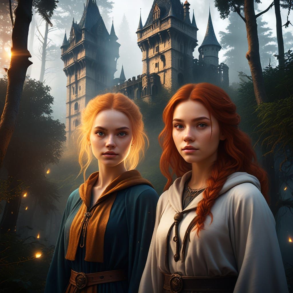 Young Sorceresses in Misty Wood: Digital Fantasy Art
