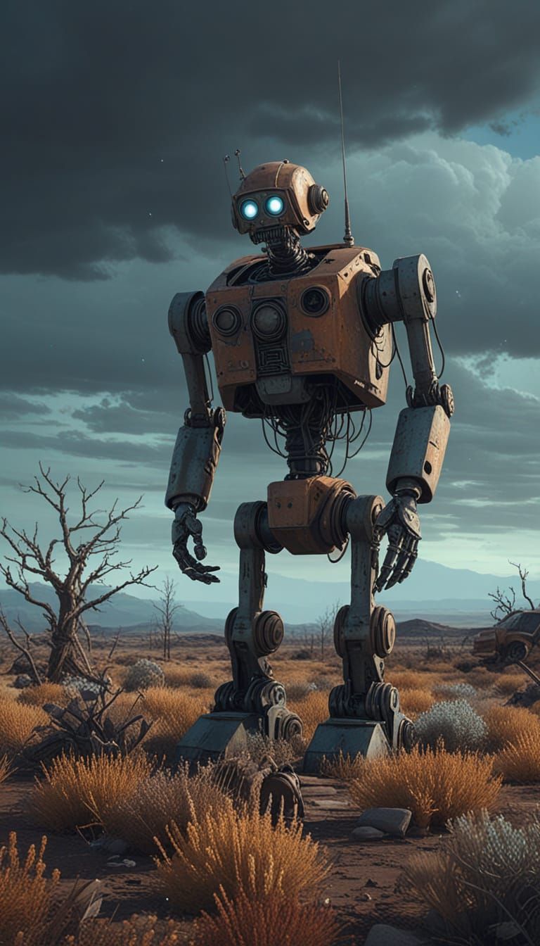 Gritty Robot Tends Desolate Metallic Garden Amidst Nebulae