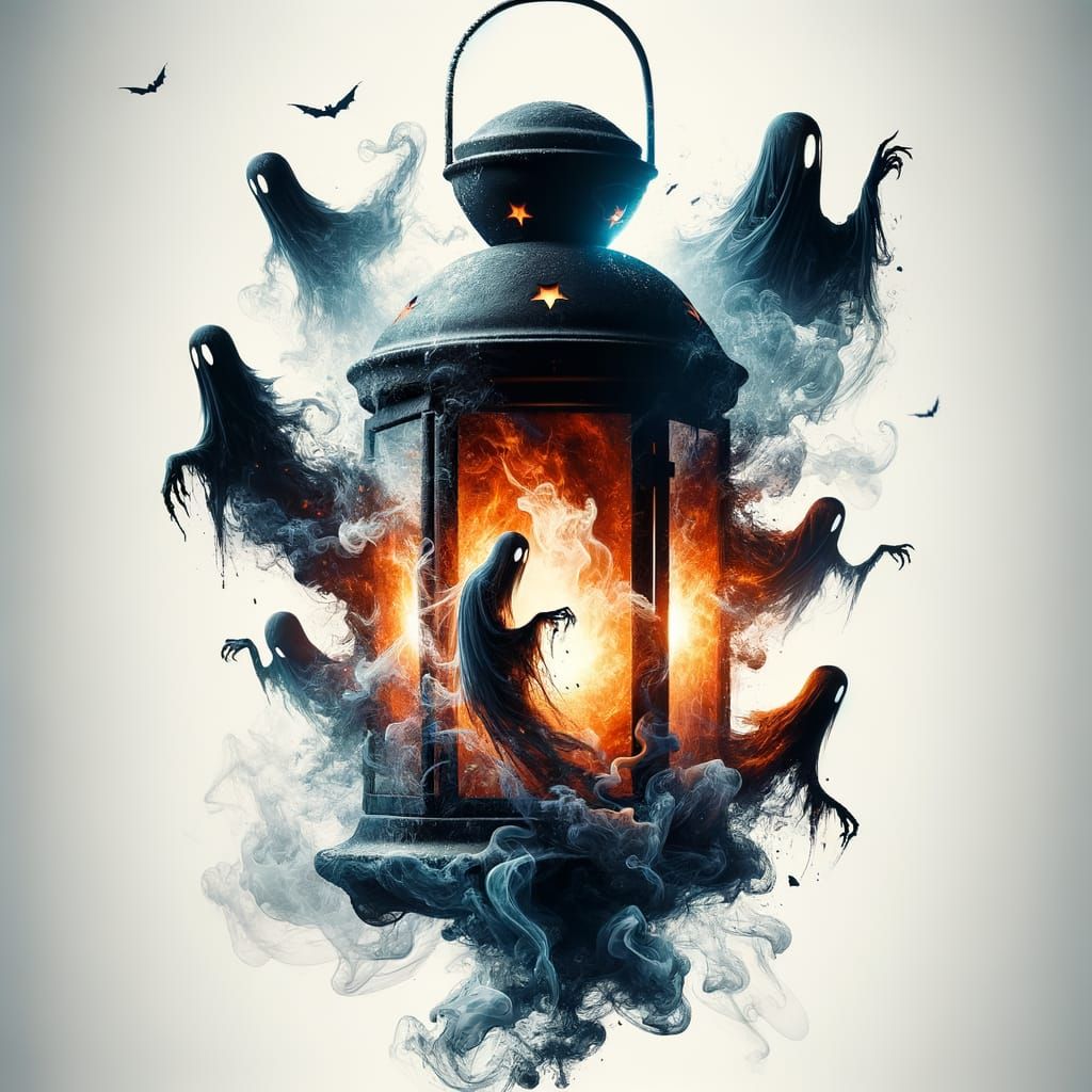 Burning Lantern Silhouette with Ethereal Figures