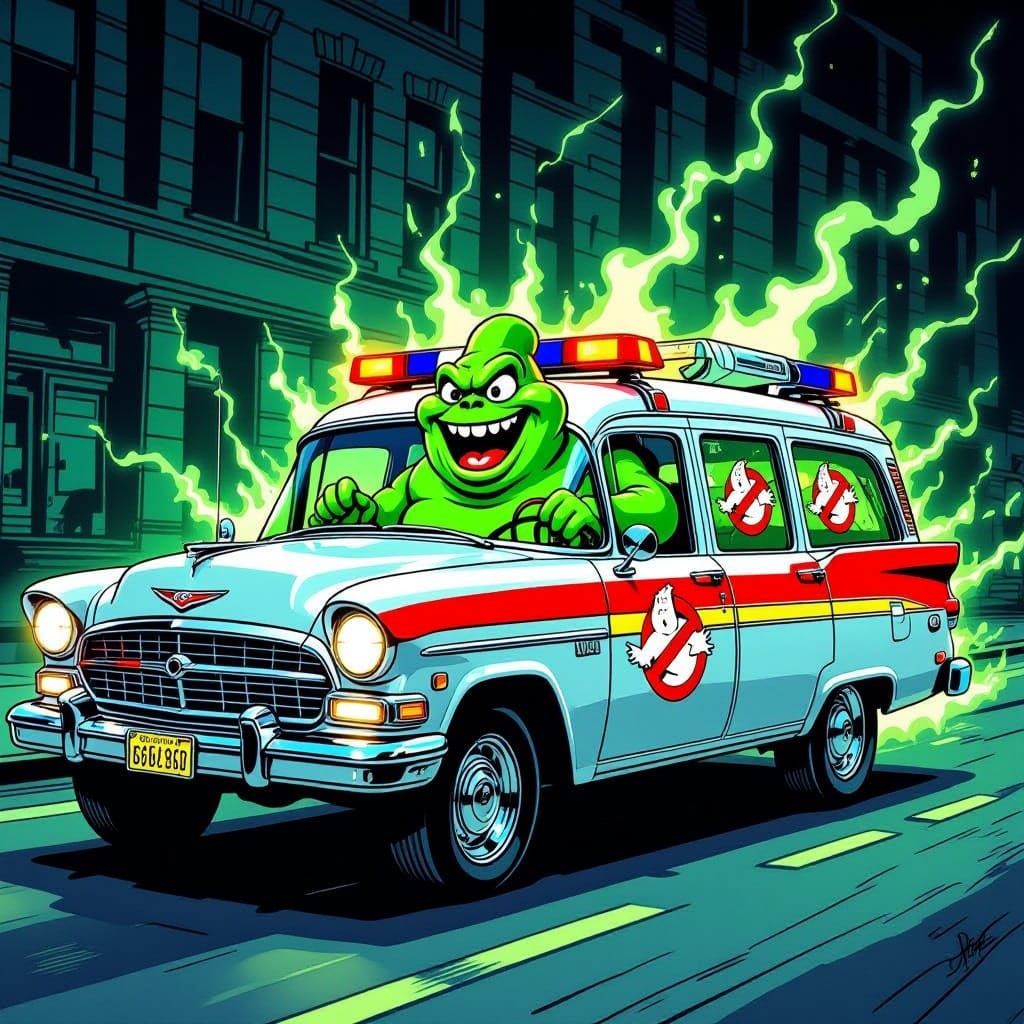 Ghostbusters Ambulance with Slimer Driving