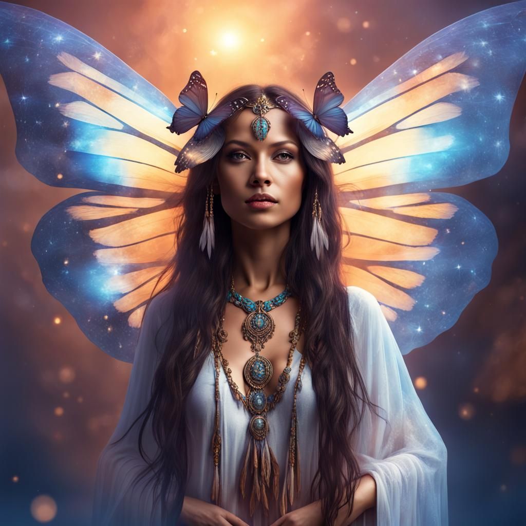 Butterfly-Winged Shaman-Angel in Cosmic Portrait
