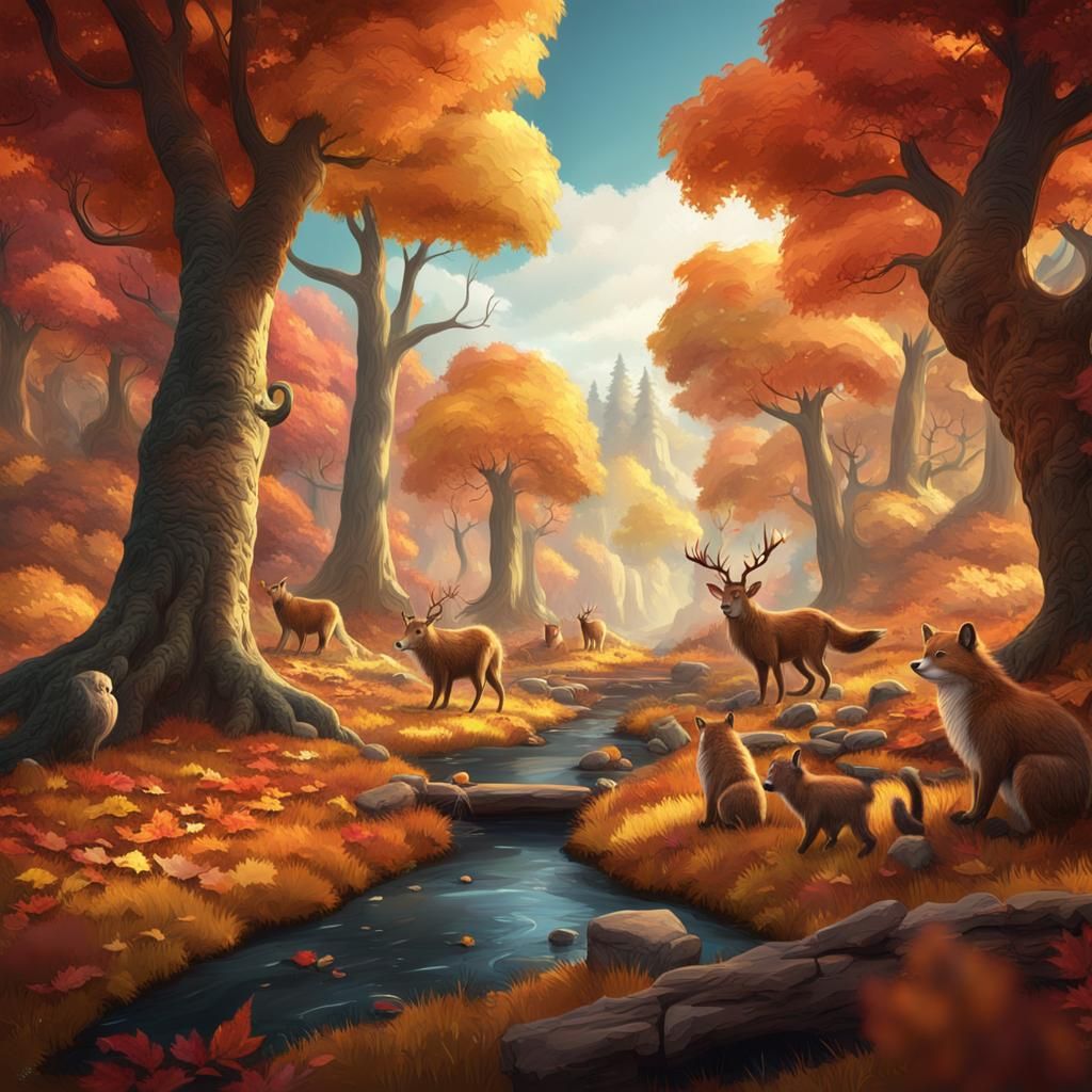Enchanting Autumn Forest Scene with Animals