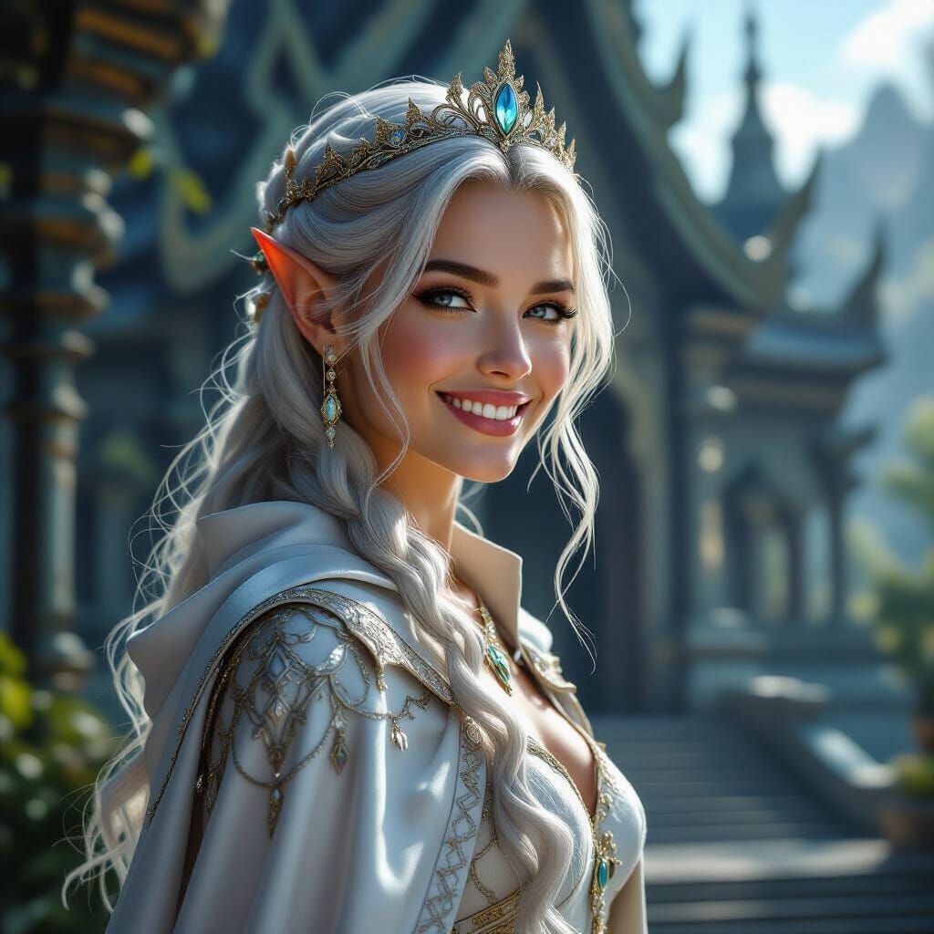 Elven Queen in Intricate Temple, Cinematic Lighting
