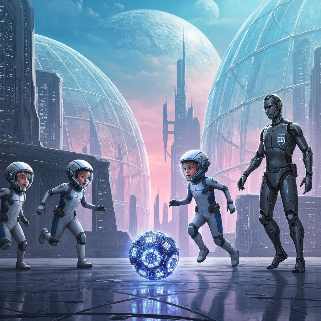 Children Play Futuristic Soccer Under Alien Sky