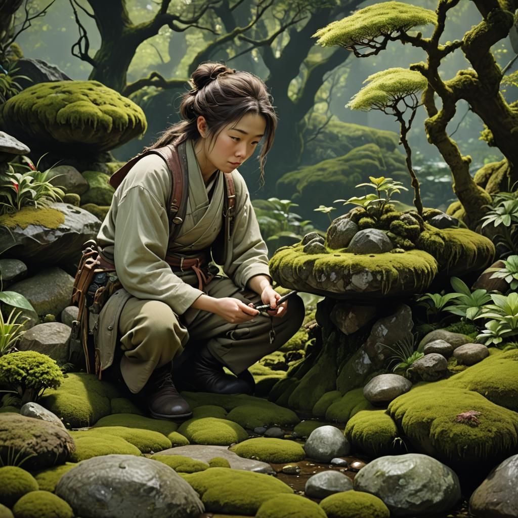 Gardener in Japanese Moss Garden, Iridescent Highlights