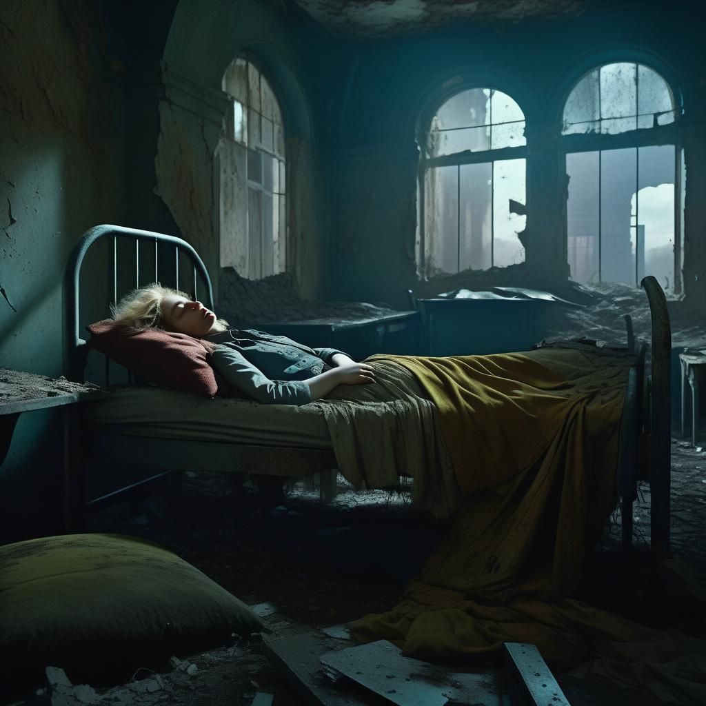 Woman Sleeping in Dilapidated Asylum Cell