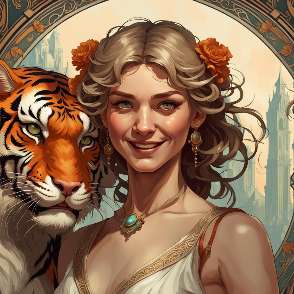 Fair Maiden and Tiger in Art Nouveau Style