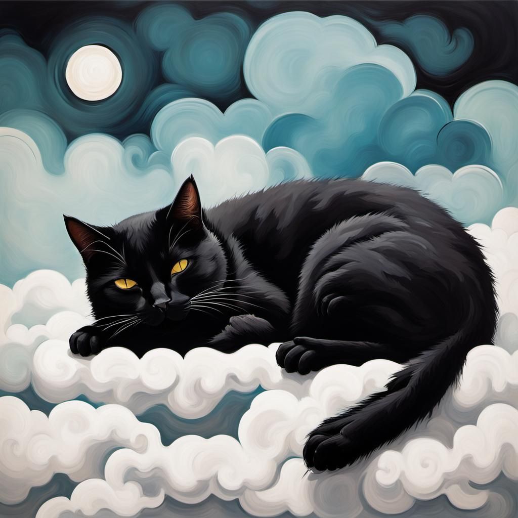 Black Cat Asleep on Cloud in Abstract Style