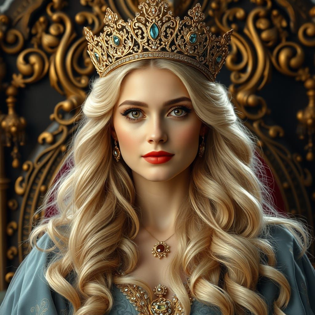 Elegant Queen in Golden Tiara, Gustav Klimt-Inspired