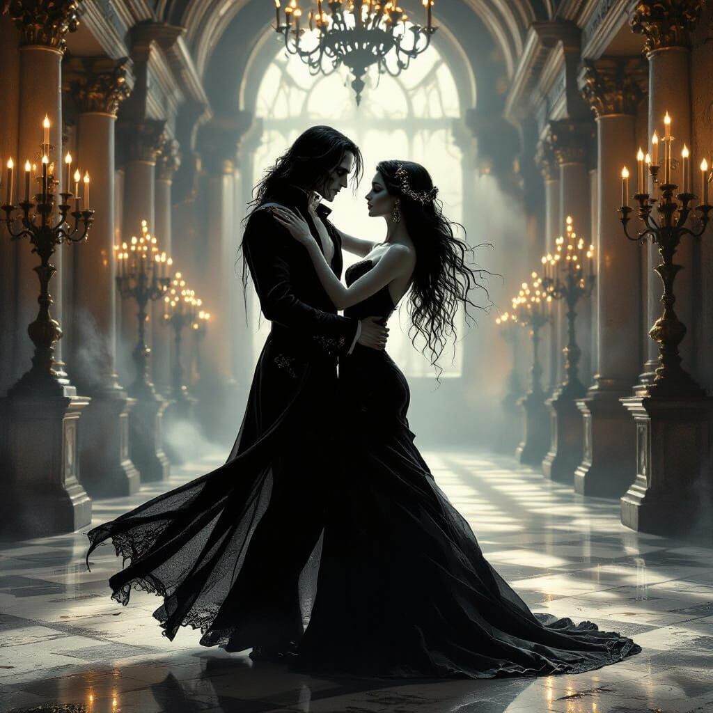 Undead Lovers Waltz in Candlelit Ballroom Fantasy Art