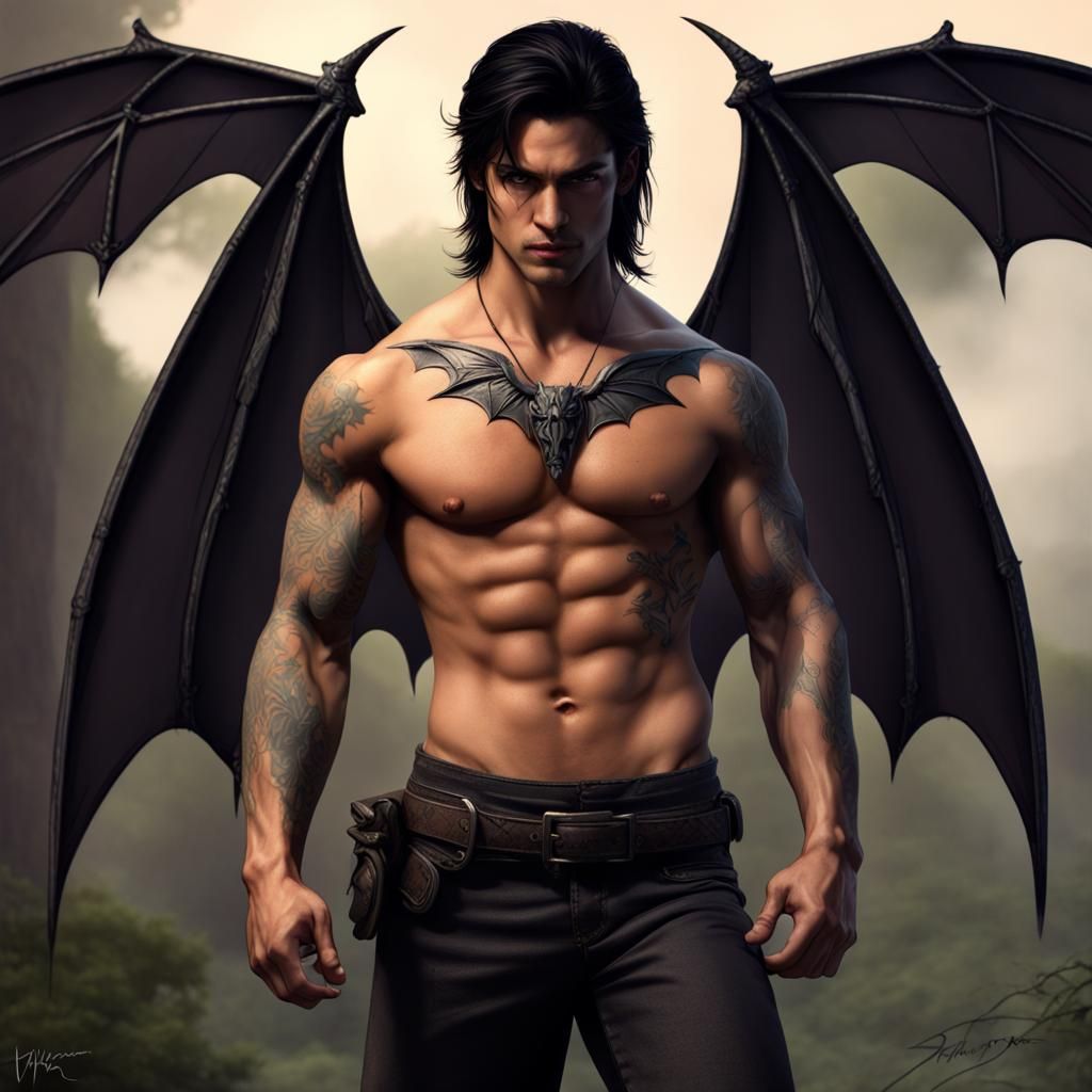 Winged Fae Warrior with Tattoos and Bat Wings