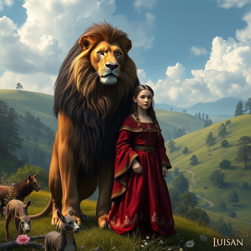 Regal Lion and Medieval Maiden in Enchanted Forest