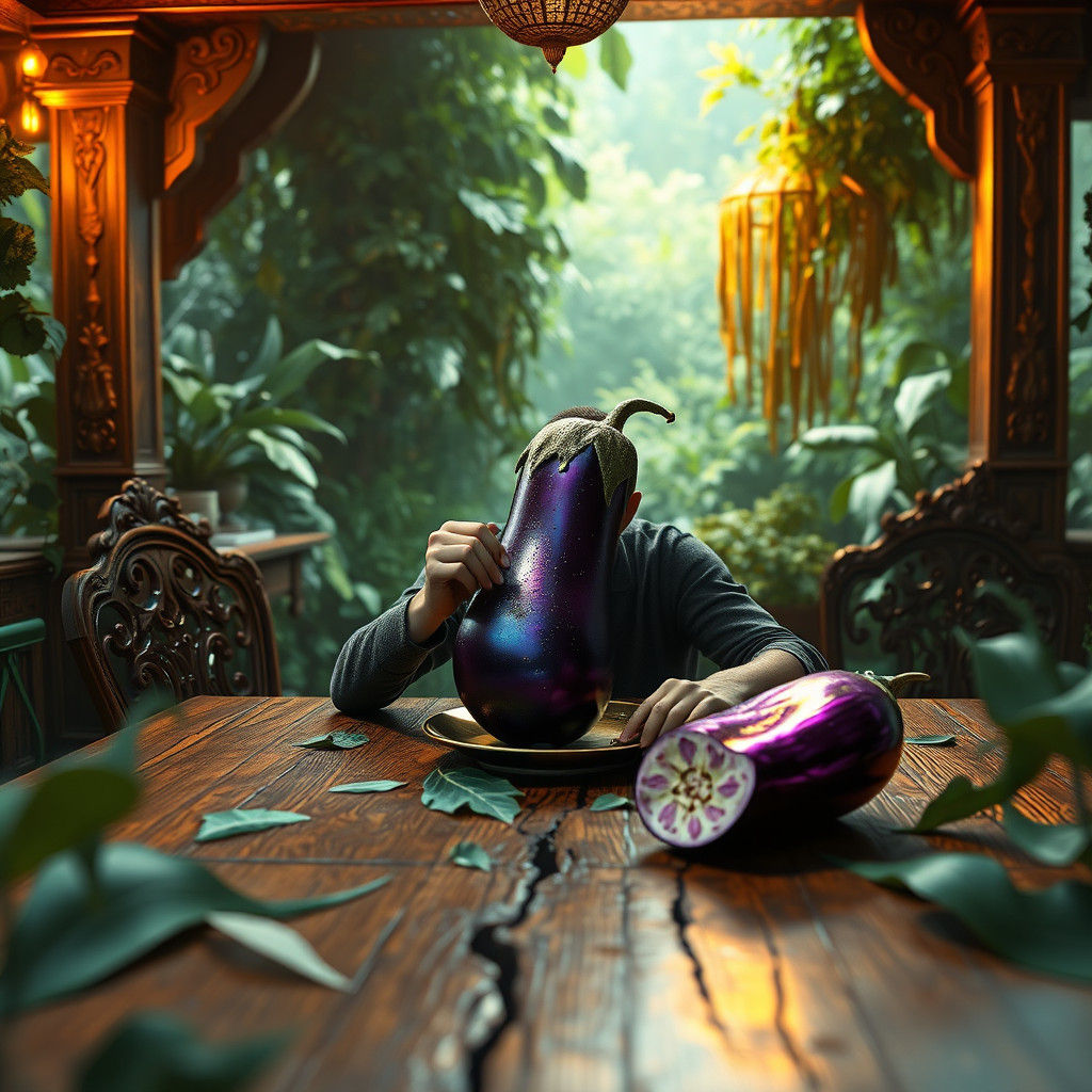 Mystical Feast: Person Eating Iridescent Eggplant