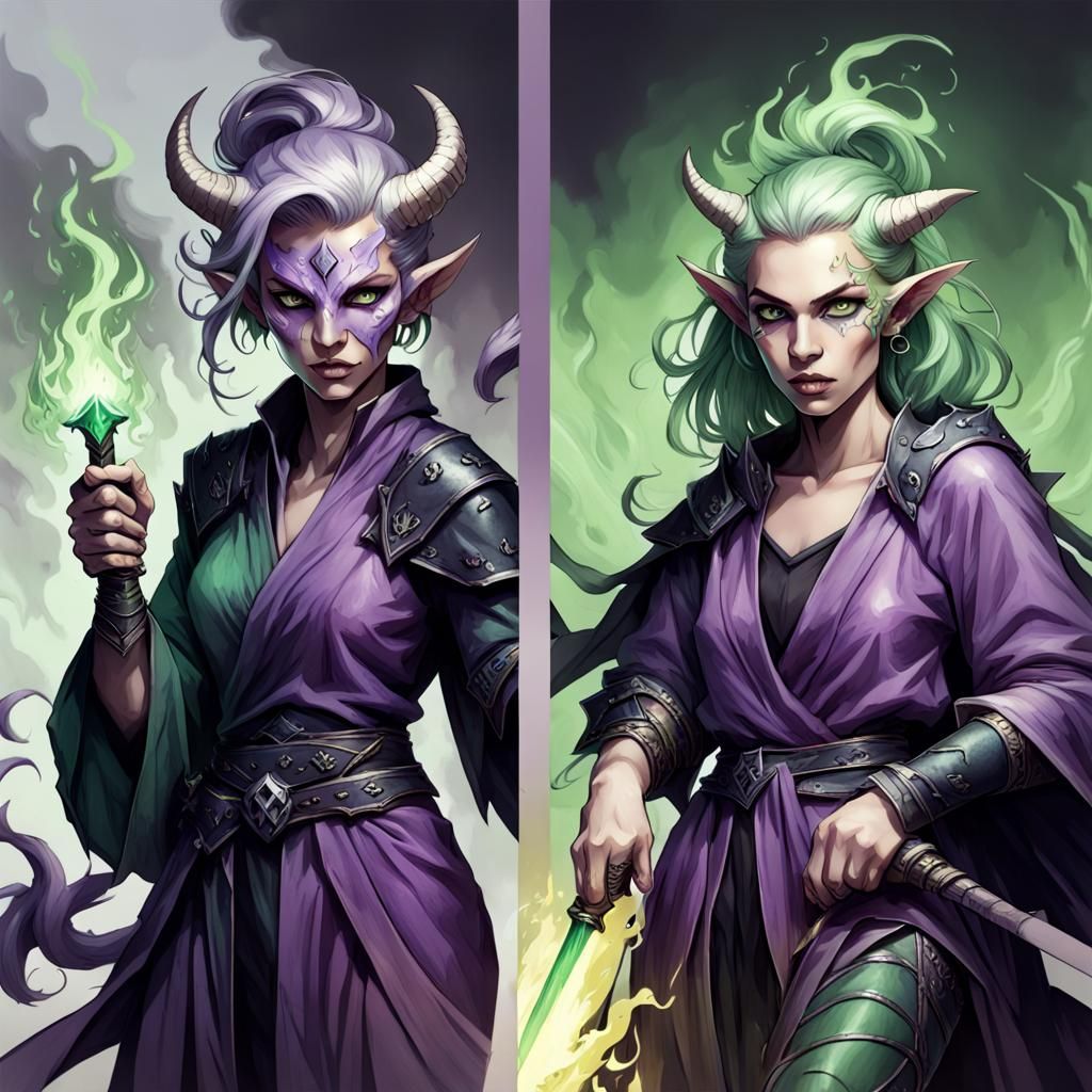 Tiefling Necromancer with Magic Sword and Green Flame Hair