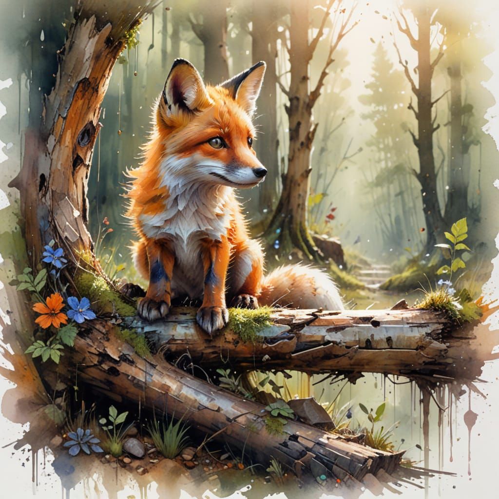 Cartoon Fox Cub in Forest, Vector Watercolor Style