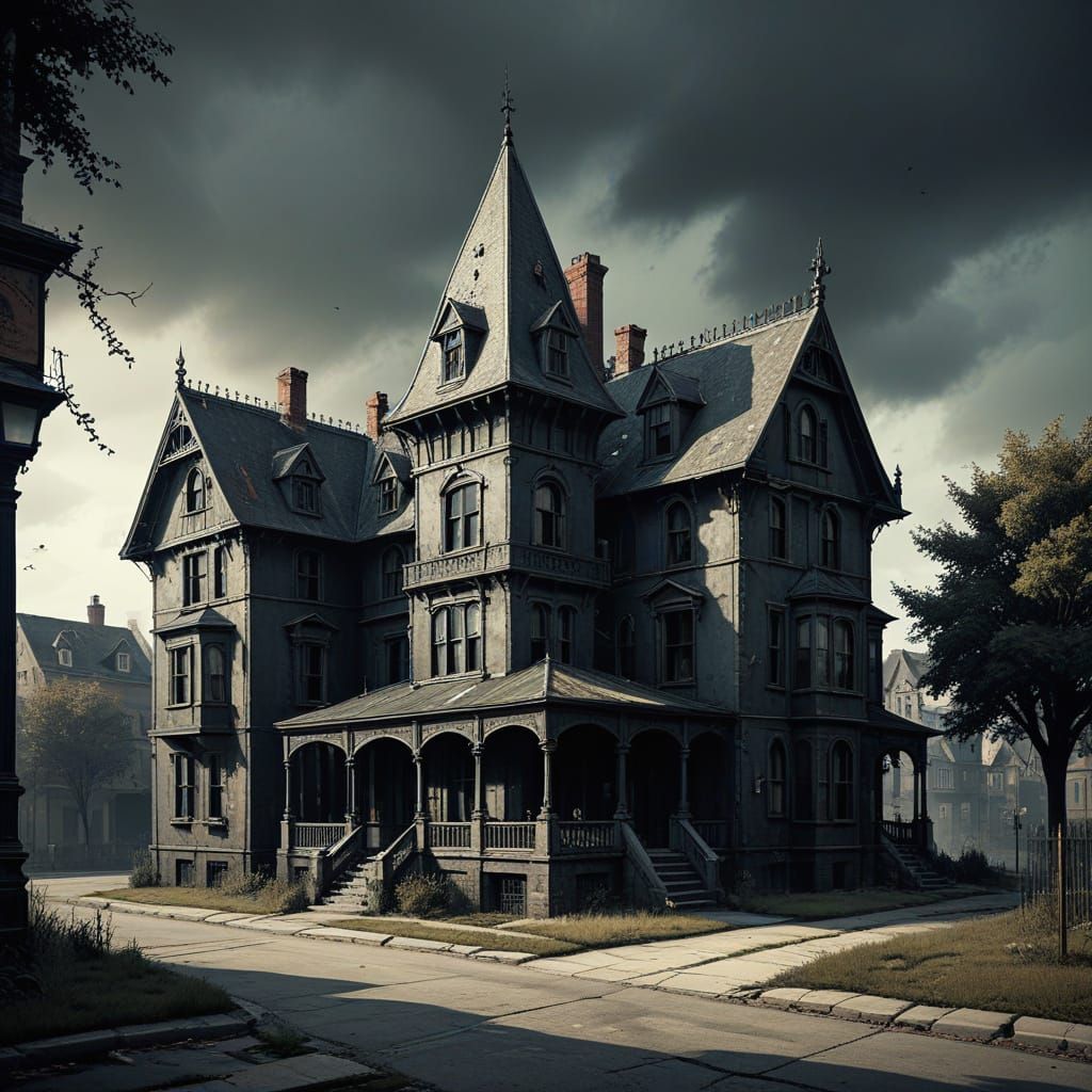 Surreal Urban Gothic Mansion with Sinister Atmosphere