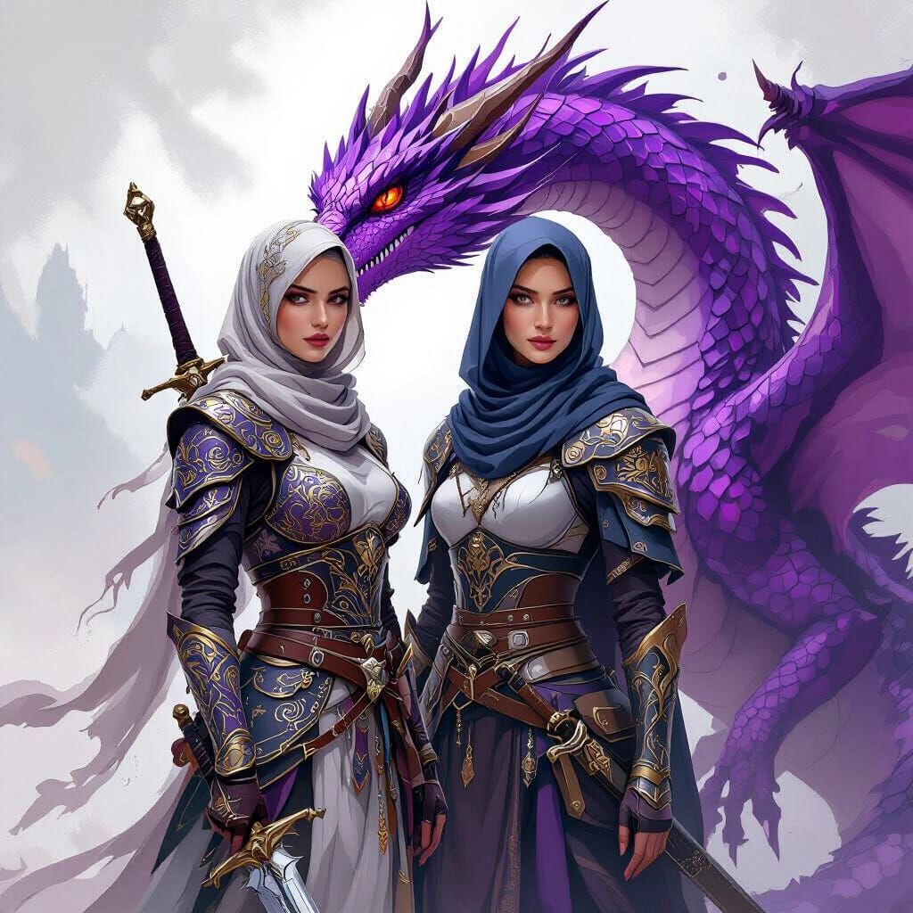 Hijab Warrior and Purple Dragon in Fantasy Art Style