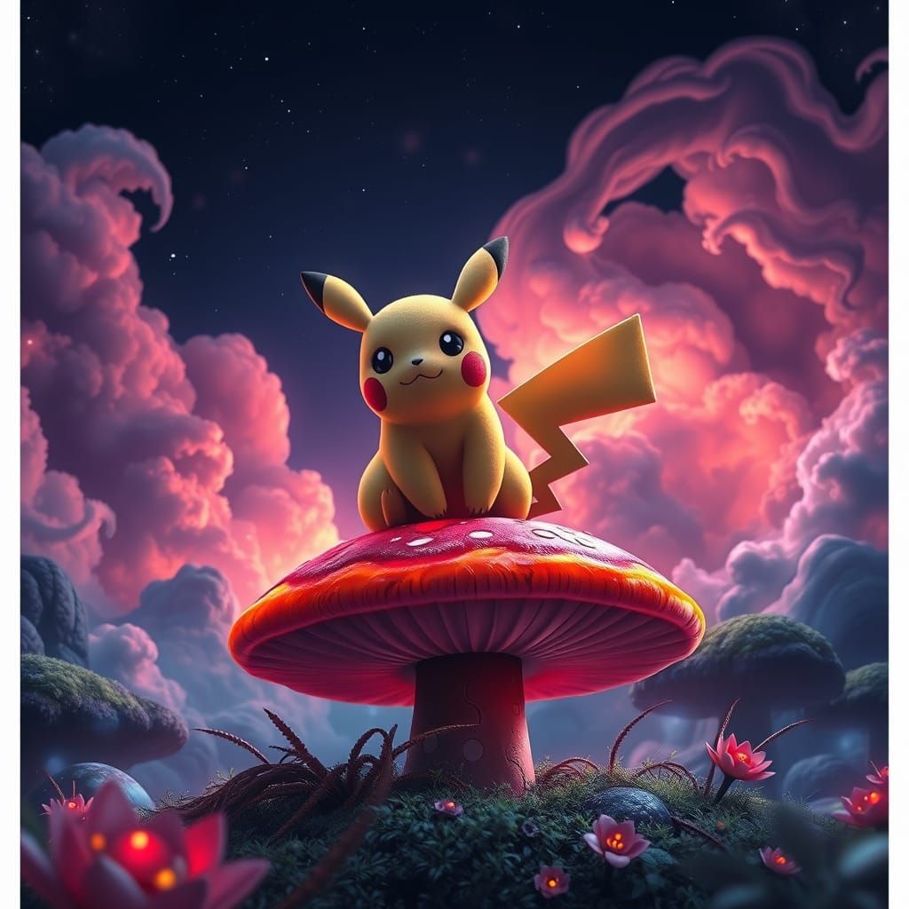 Surreal Pichachu in Lush Fantasy Landscape