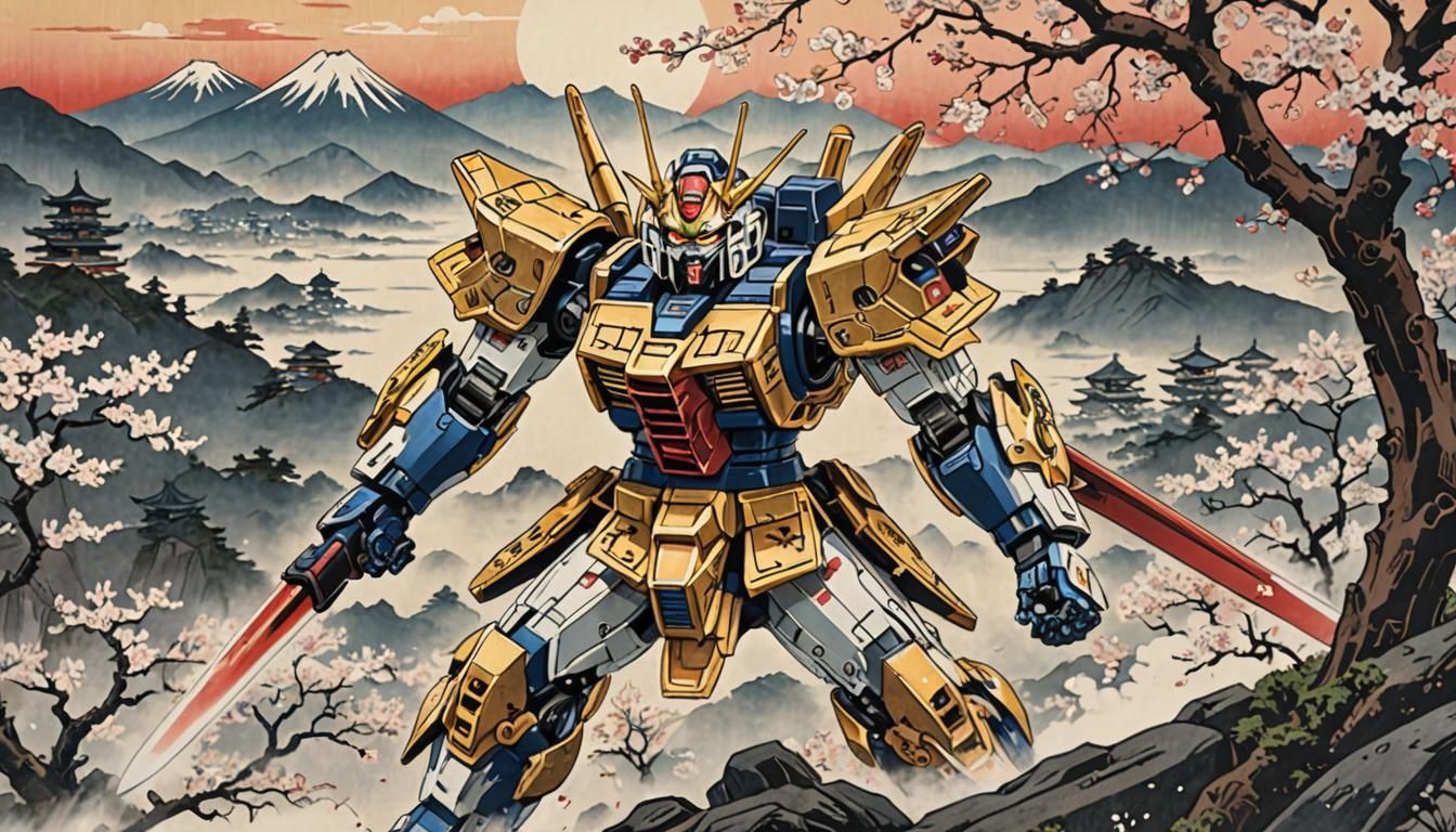 Gundam Battle in Ukiyo-e Woodblock Print Style