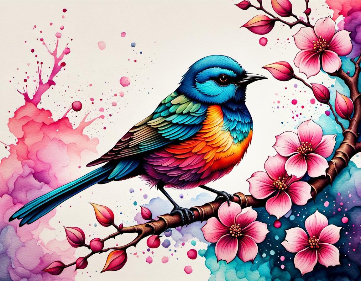 Blossom Bird: Colorful Ink and Watercolor Art