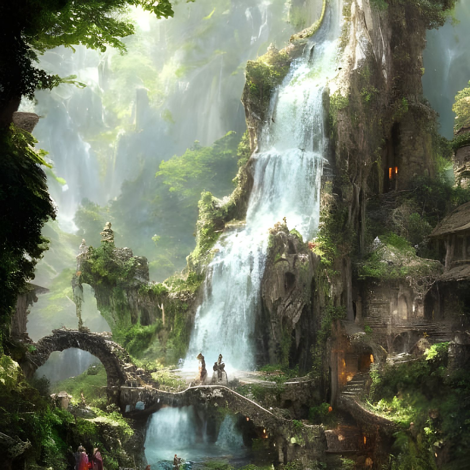 Fantasy Village Cascade: A Medieval Oil Painting