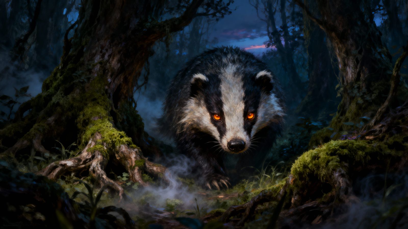 Ancient Badger Emerges from Misty Forest