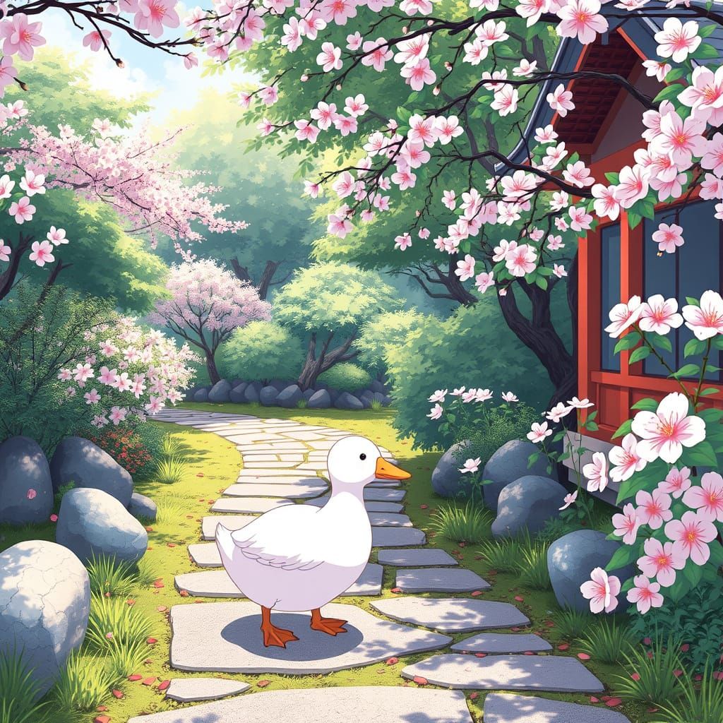 Dreamy Anime Duck in Japanese Garden