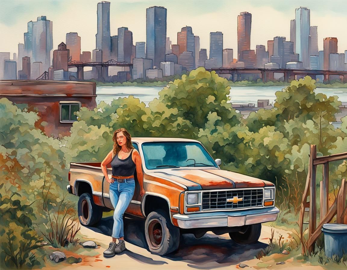 Post-Apocalyptic Woman and Truck in Gouache Style