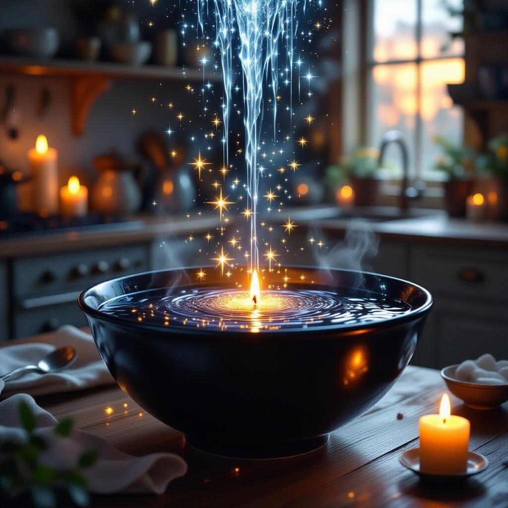 Magical Broth With Ascending Stars in Golden Light