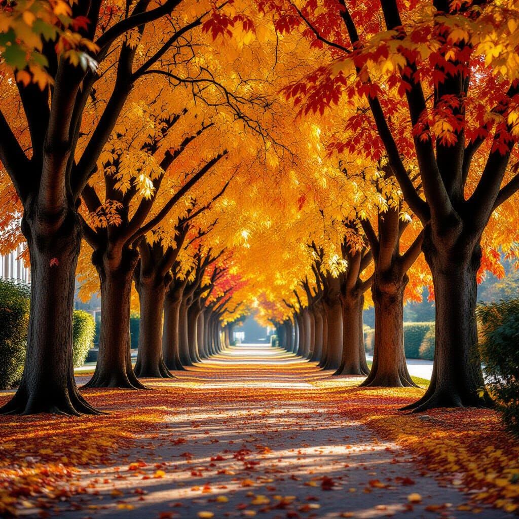 Autumn Alley of Chestnut Trees with Dappled Sunlight