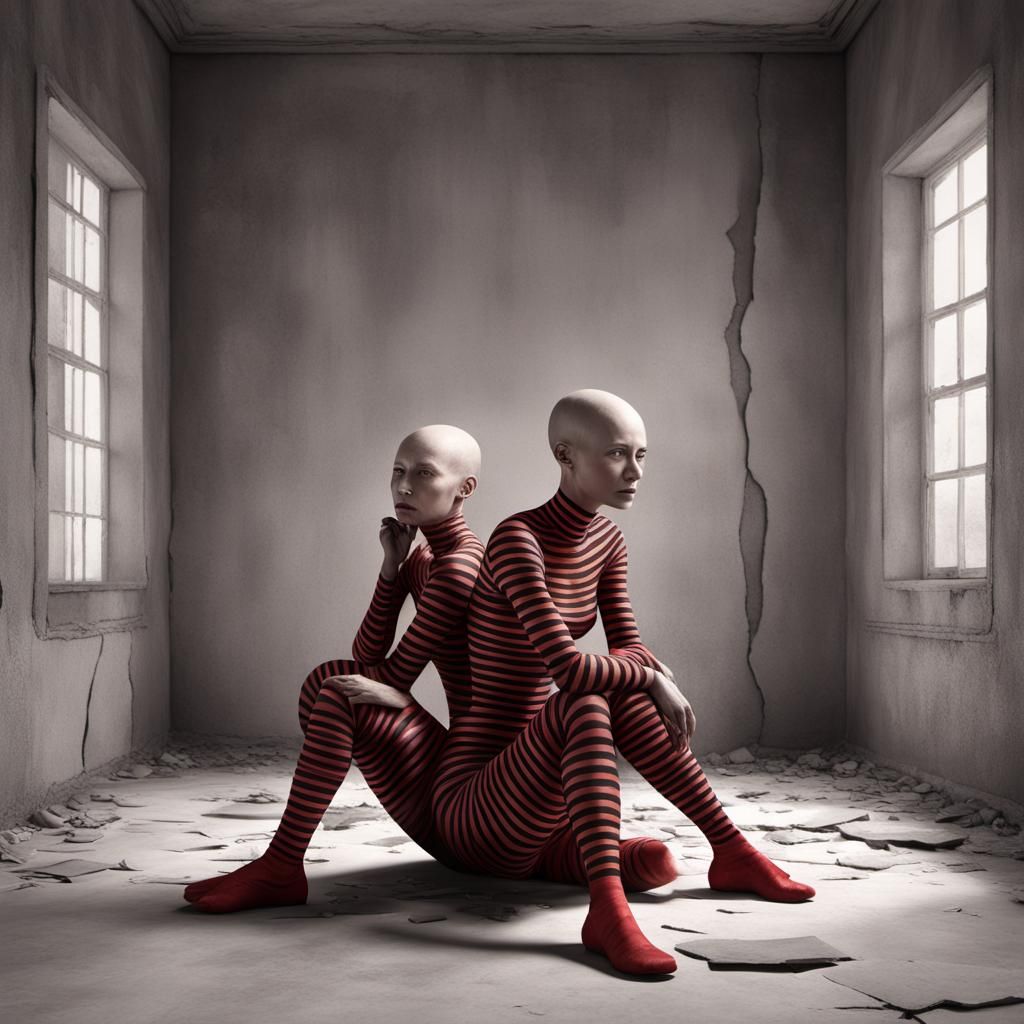generate a high definition hyperrealistic photo, monochrome of light red, 3D, surreal, back to back women with black str...