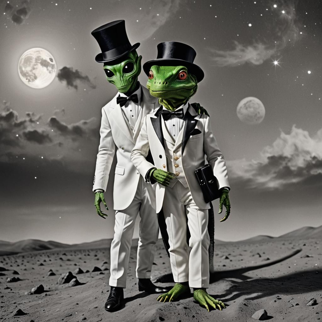 Alien with Lizard in Top Hat on the Moon