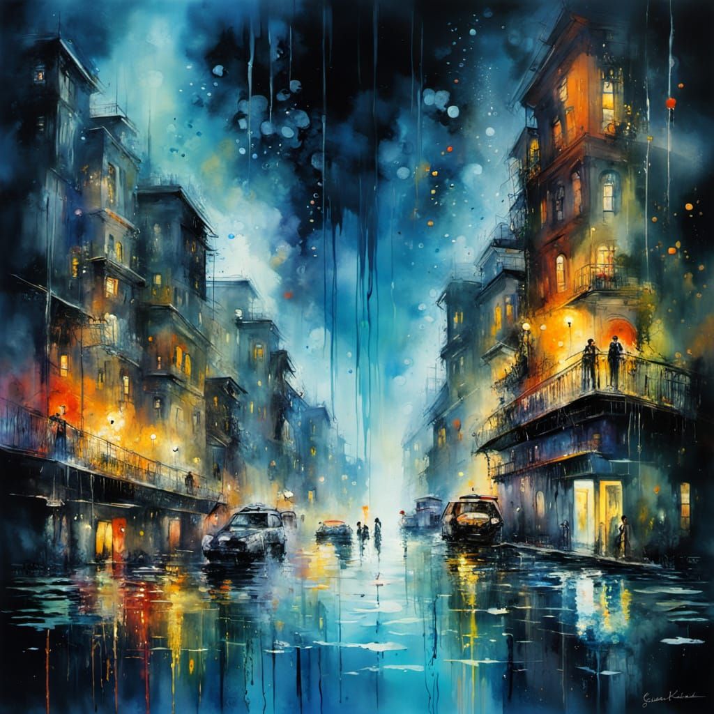 Underwater Cityscape in Dripping Ink Style