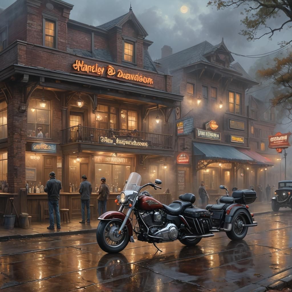 Harley Davidson at Saloon Bar in Ethereal Style