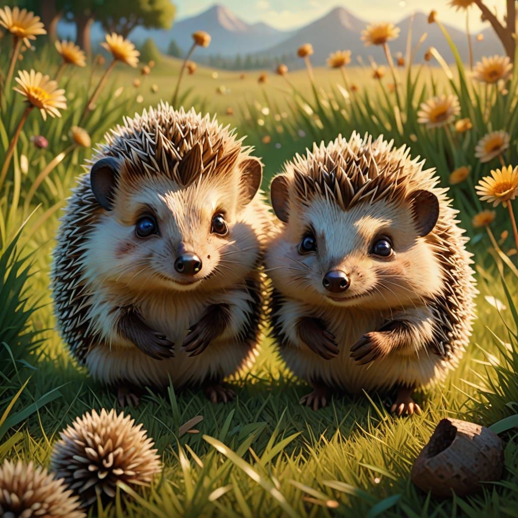 Whimsical Hedgehog Friends Play in Sunny Meadow