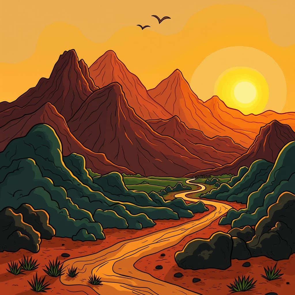 Majestic African Mountains in Earthy Tones, Folk Art Style
