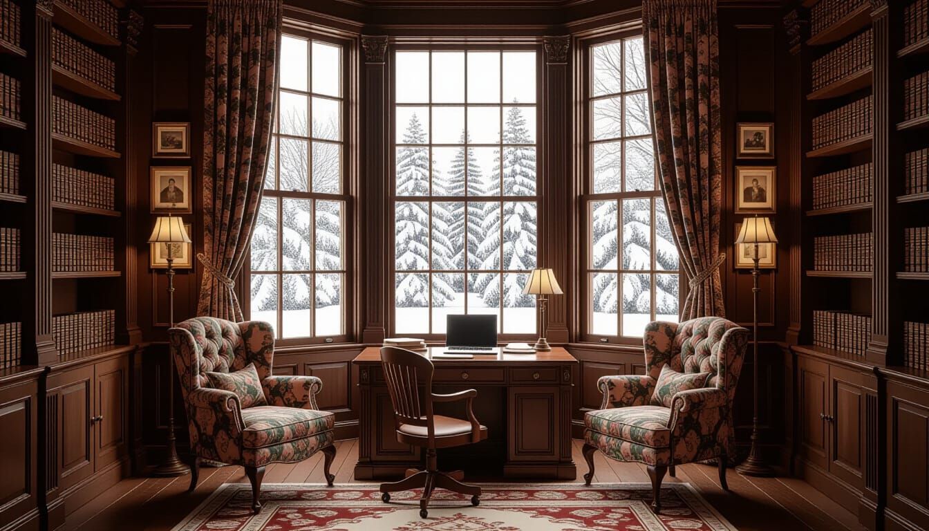 Victorian Library With Snowy View And Ambient Lighting