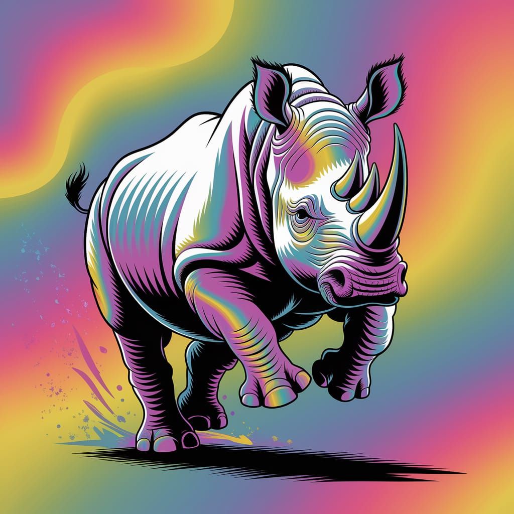 Rainbow Colored Stencil Drawing Charging Rhinoceros