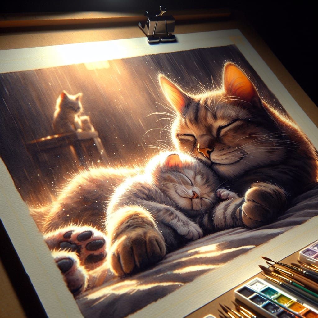 Mother Cat and Kitten in Wet Watercolor Style