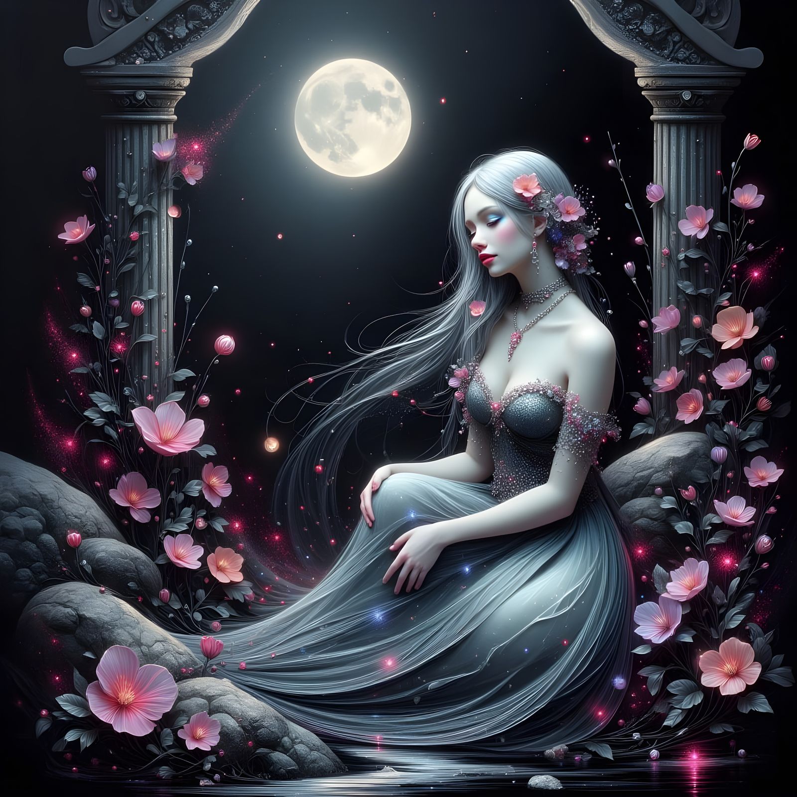 Ethereal Norse Goddess Illuminated by Moonlight