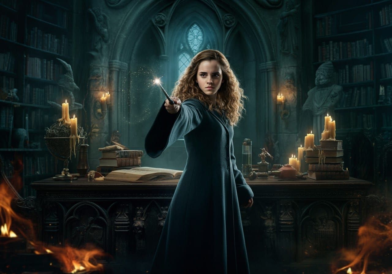 Hermione Granger Casts Spell in Lavish Library