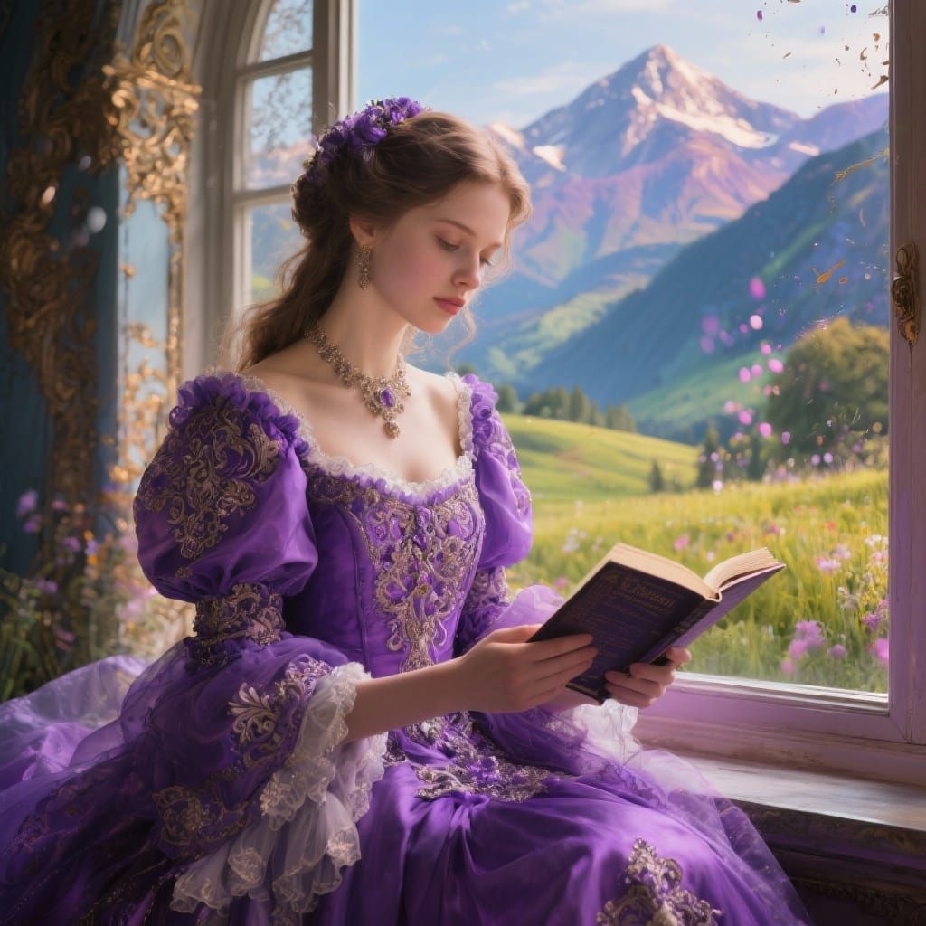 Lady in Purple Dress Reads by Mountain Meadow Window