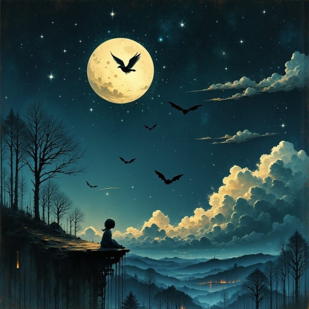 Dog Flies Through Starry Night Sky With Bats and Moon