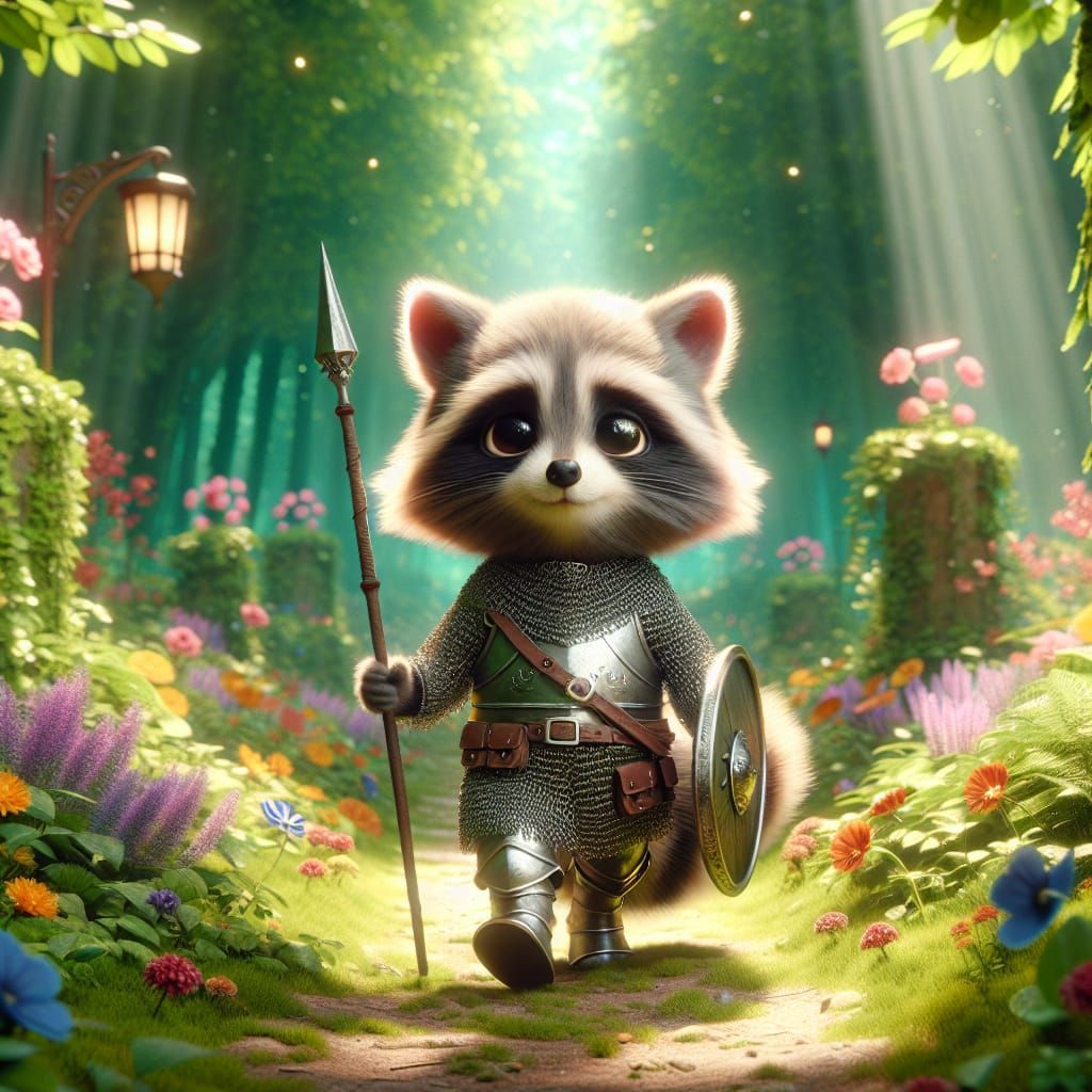 Armored Raccoon on Forest Path in High-Definition