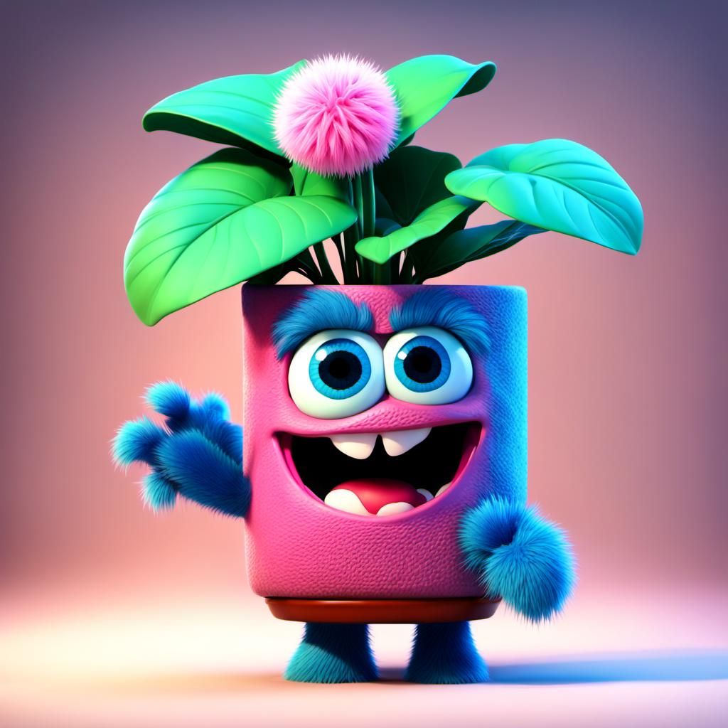 Monstera Plant Topped with Fuzzy Monster: 3D Digital Art