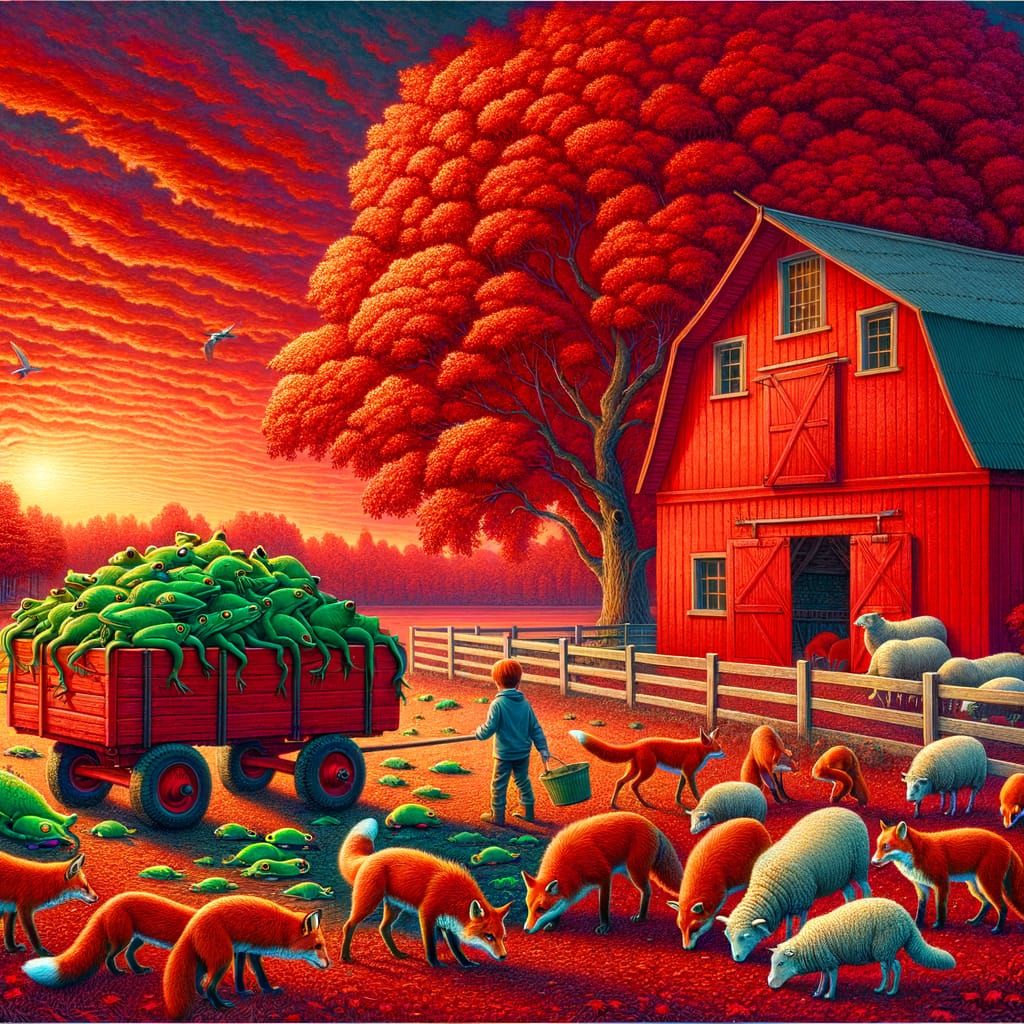 Vibrant Red Wagon Scene with Foxes in Tonalist Style