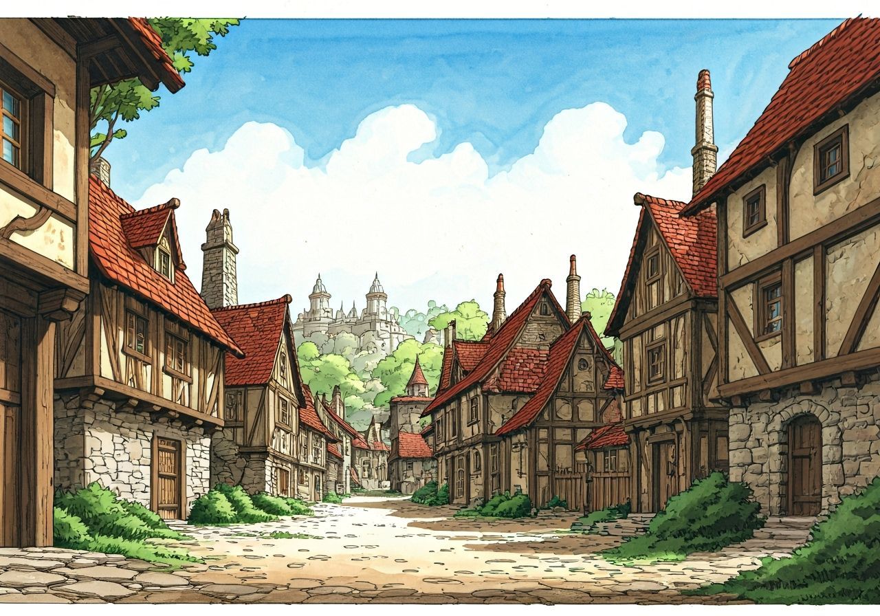 Medieval Village in Watercolor and Ink Style