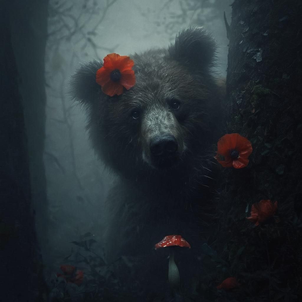 Ominous Demented Kodiak Bear in Foggy Darkness
