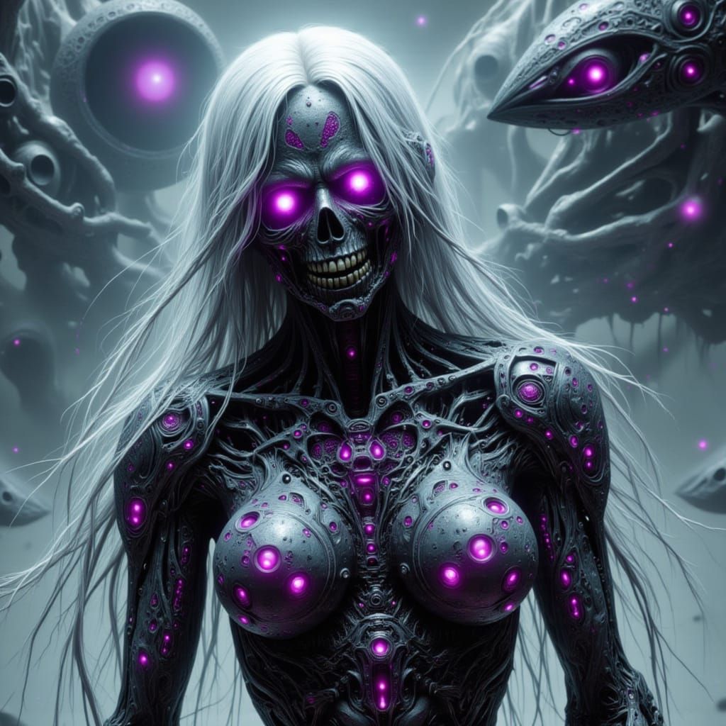 A female zombie robot with long stark white wispy hair, neon...